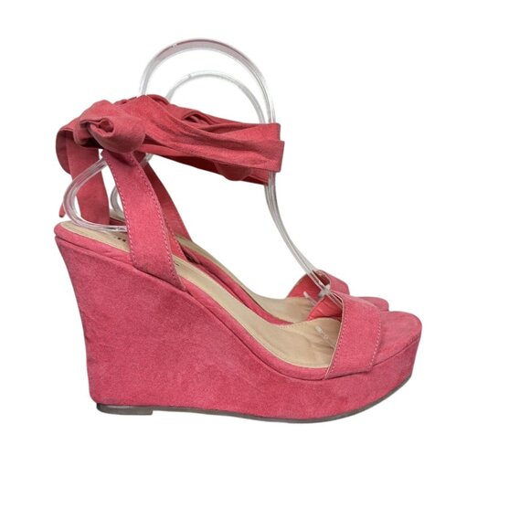 JustFab "Trina" Coral Colored Wedge Sandals, Lace-Up Tie, 4" Heel, Size 8 - Picture 2 of 10